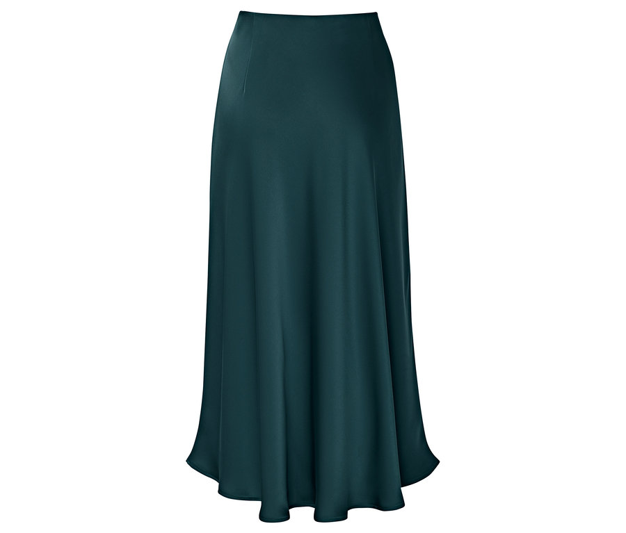 Zobrazená dlhá, splývavá, smaragdovo zelená sukňa.