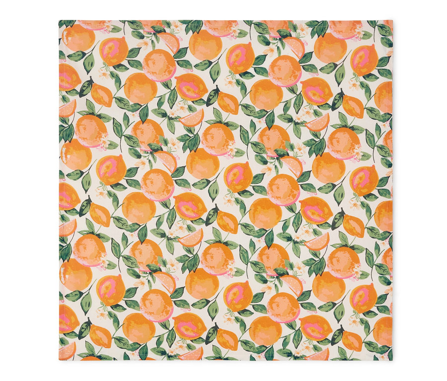 Oranžový umývateľný obrus s motívom citrusov, cca 90 x 90 cm.
