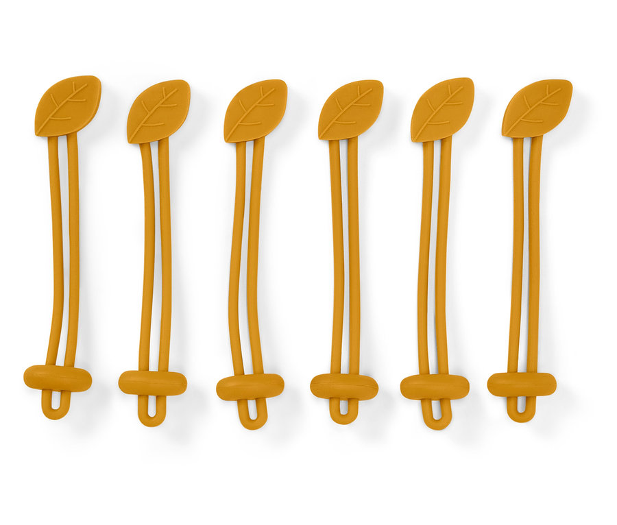 Šesť žltých silikónových držiakov so vzorom listu hore a zapínaním v tvare písmena U dole na bielom pozadí.