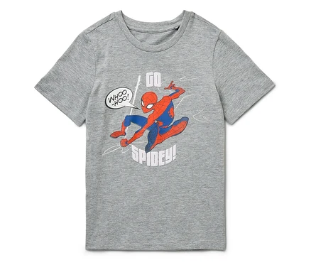 Sivé tričko s krátkym rukávom s potlačou Spidermana.