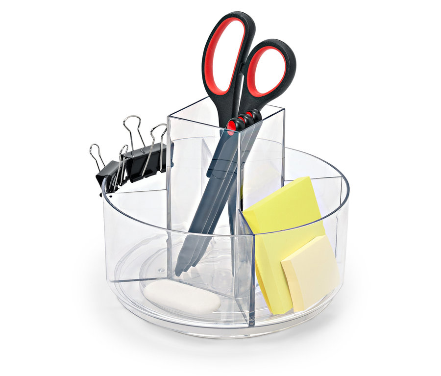 Priehľadný otočný organizér na stôl s nožnicami, perom, sponkami, bločkami a gumou.