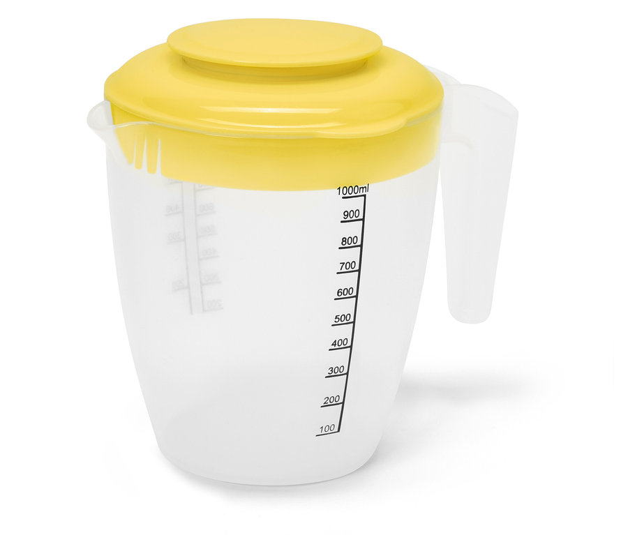 Priehľadná odmerka so žltým vekom a stupnicou objemu.