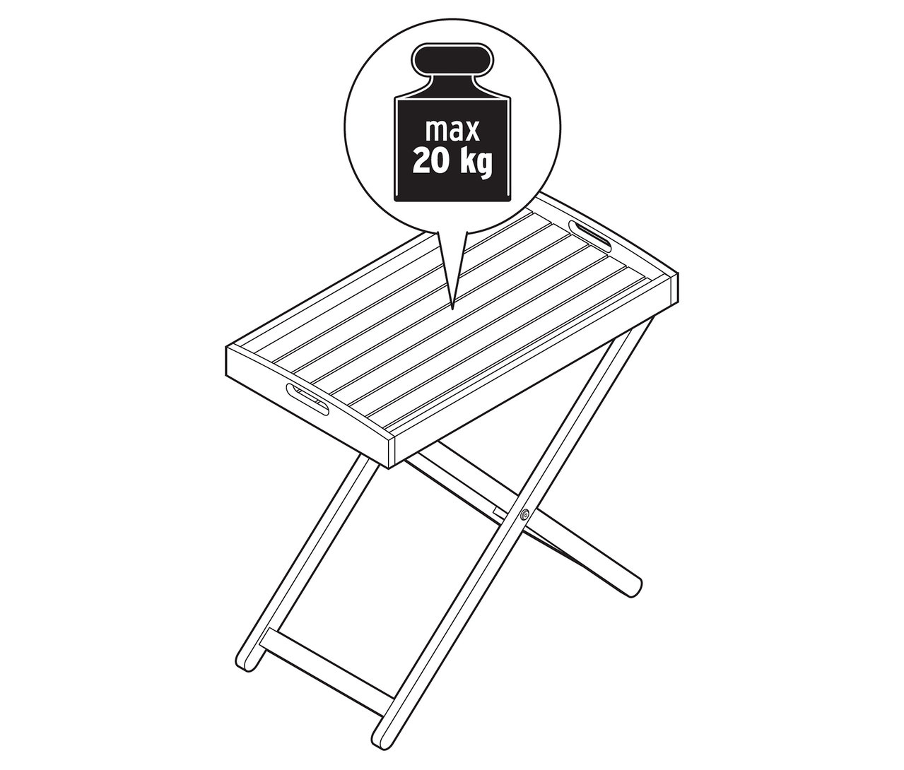 Čiernobiela ilustrácia skladacieho stolíka s maximálnou nosnosťou 20 kg.
