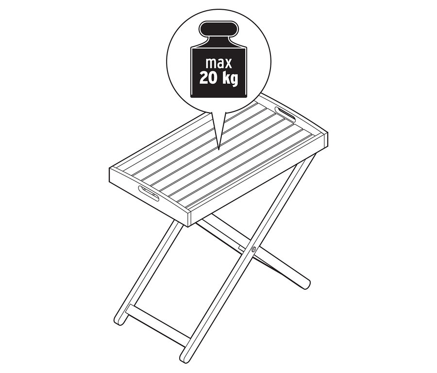 Čiernobiela ilustrácia skladacieho stolíka s maximálnou nosnosťou 20 kg.