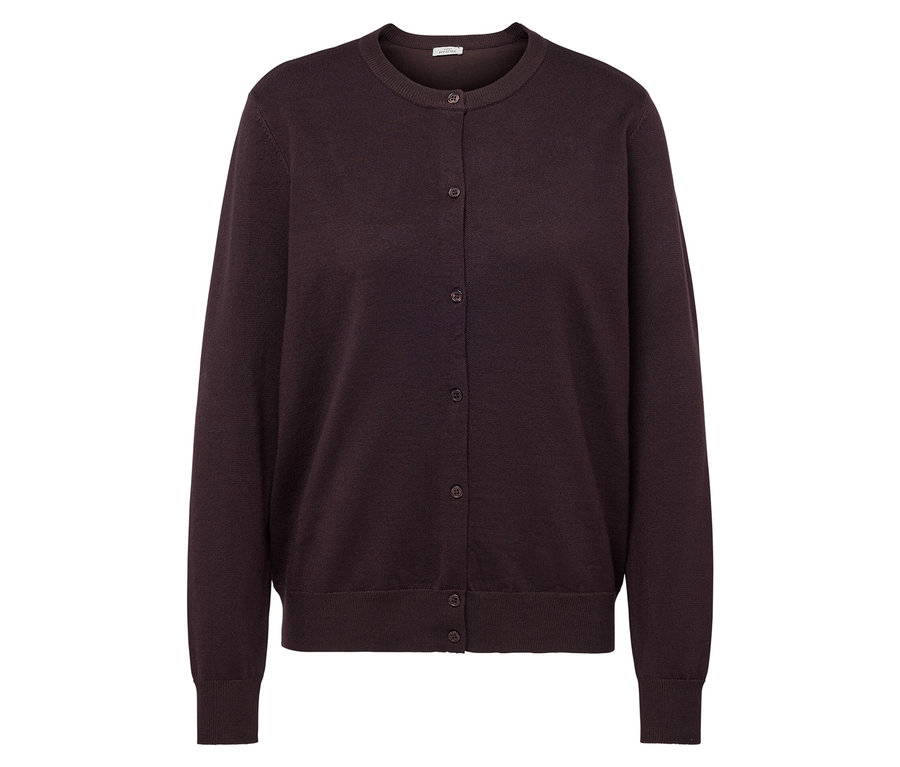 Hnedý pletený kardigán s dlhými rukávmi a gombíkmi.