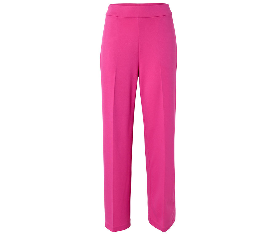 Ružové nohavice s vysokým pásom a rovnými nohavicami na bielom pozadí.