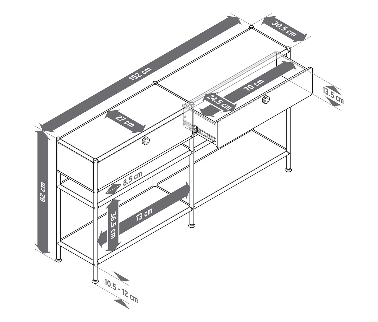 Pohľad zhora na kovovú konzolu »CN3 Slim Line« s dvomi zásuvkami, pričom jedna zásuvka je otvorená. Uvedené rozmery.