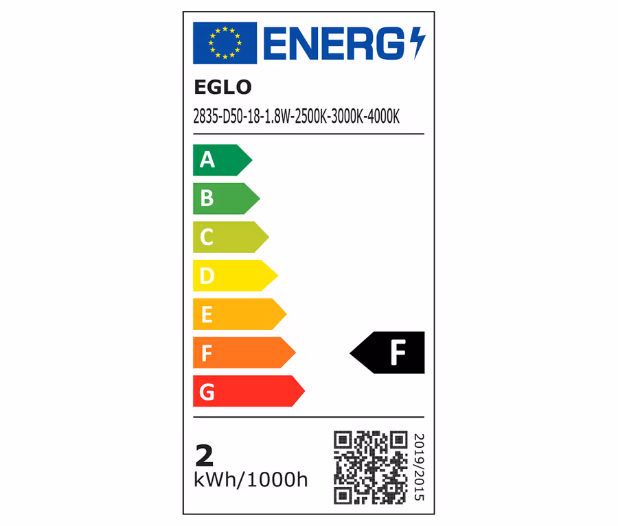 Energetický štítok akumulátorovej LED stolovej lampy Eglo s triedou energetickej účinnosti F a spotrebou 2 kWh/1000h.