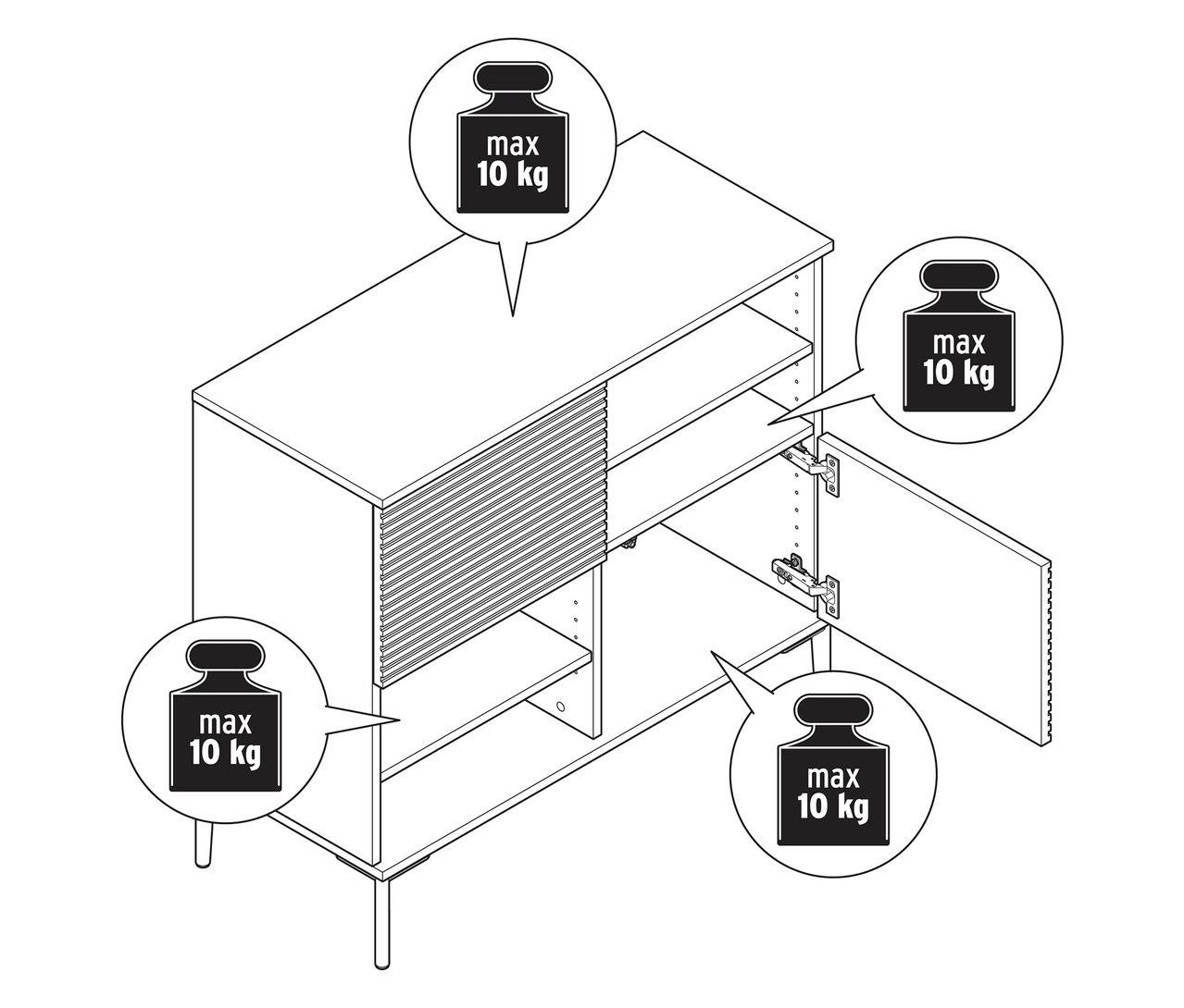 Schématický nákres komody »REET« v lamelovom vzhľade, čiastočne otvorená, s údajmi o hmotnosti.
