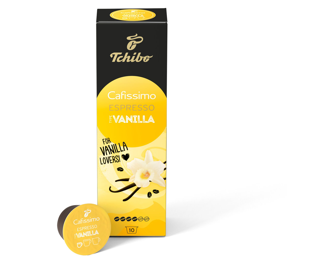 Balenie Cafissimo Flavoured Espresso - Vanilla - 10 kapsúl a jedna kapsula na bielom pozadí.