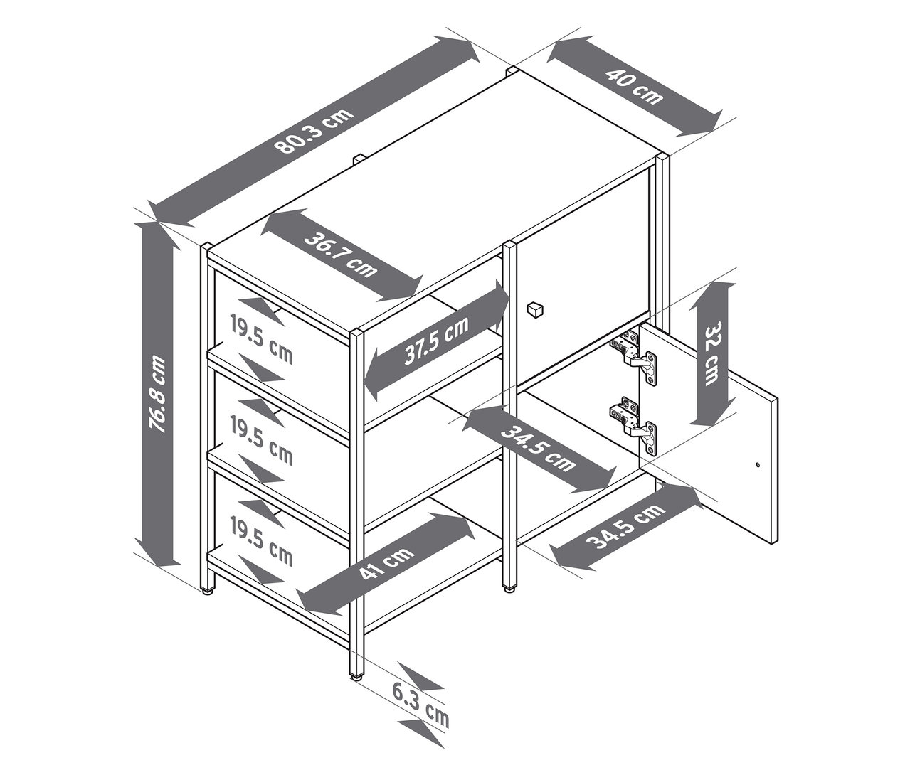 Nákres komody »GRADE« s otvorenými priehradkami a 2 dvierkami spolu s jej rozmermi.