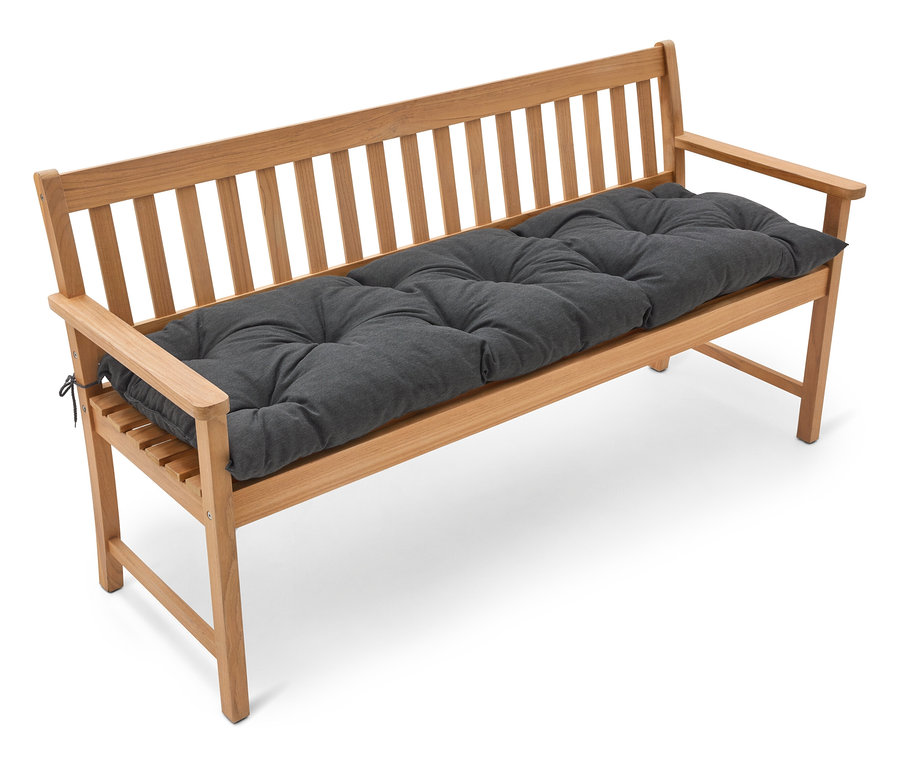 Svetlohnedá drevená záhradná lavica s dlhým sivým sedákom.