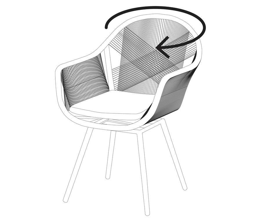 Pohľad zhora na stoličku s otočným pohybom znázorneným šípkou.