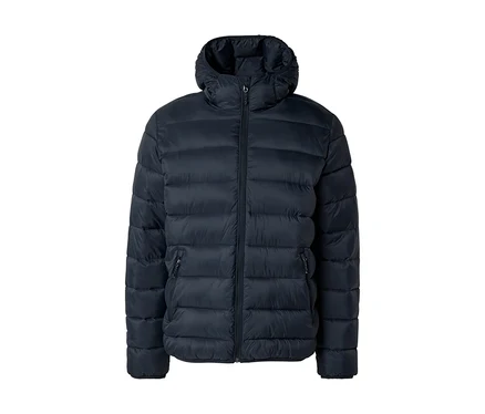 Tmavomodrá prešívaná bunda s kapucňou, celoprepínacím zipsom a dvoma bočnými vreckami na zips.