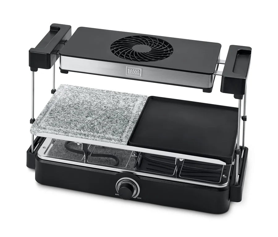 Detailný pohľad na raclette gril Trebs s digestorom a kamennou doskou »15100«.