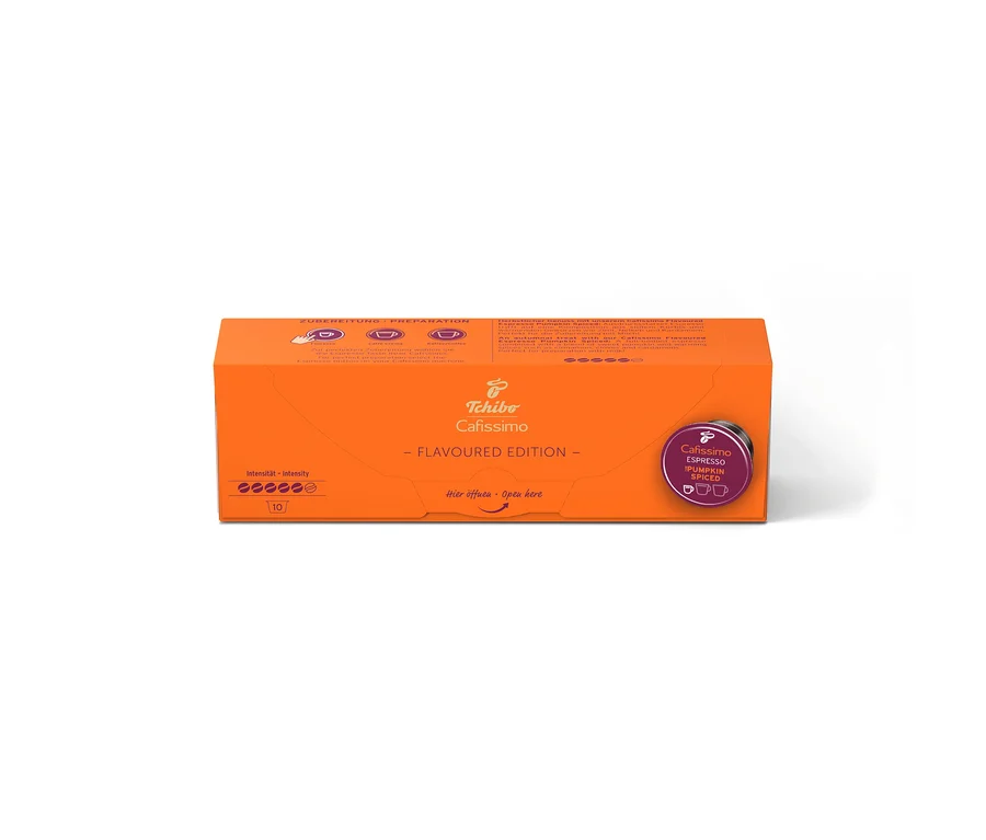 Oranžové balenie Cafissimo Flavoured Espresso Pumpkin Spiced s 10 kapsulami a intenzitou 5 zo 6.