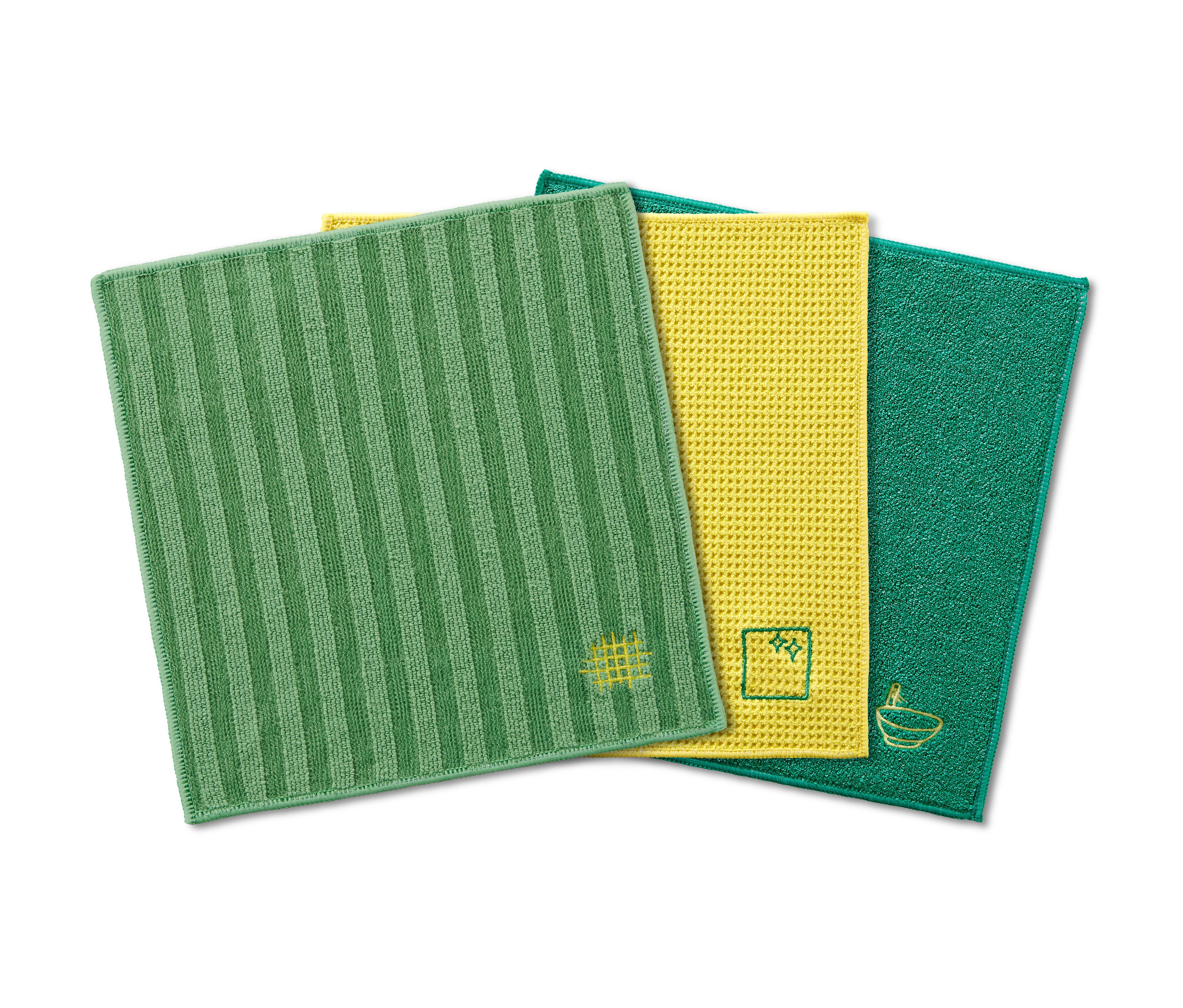 Zelené, žlté a tmavozelené špeciálne čistiace handričky, 3 ks, ležia na sebe.