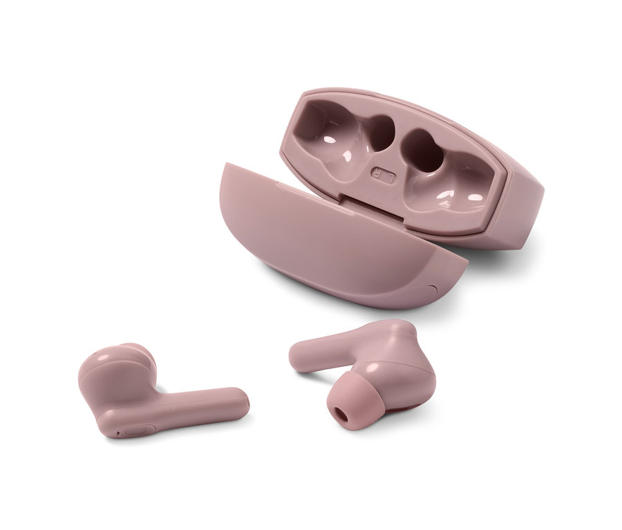 Ružové slúchadlá do uší TWS a otvorené puzdro na bielom pozadí.