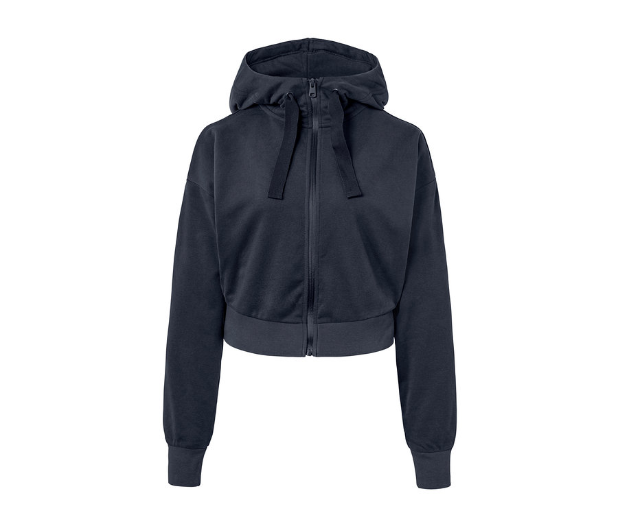 Tmavomodrá krátka športová mikina so zipsom a kapucňou.