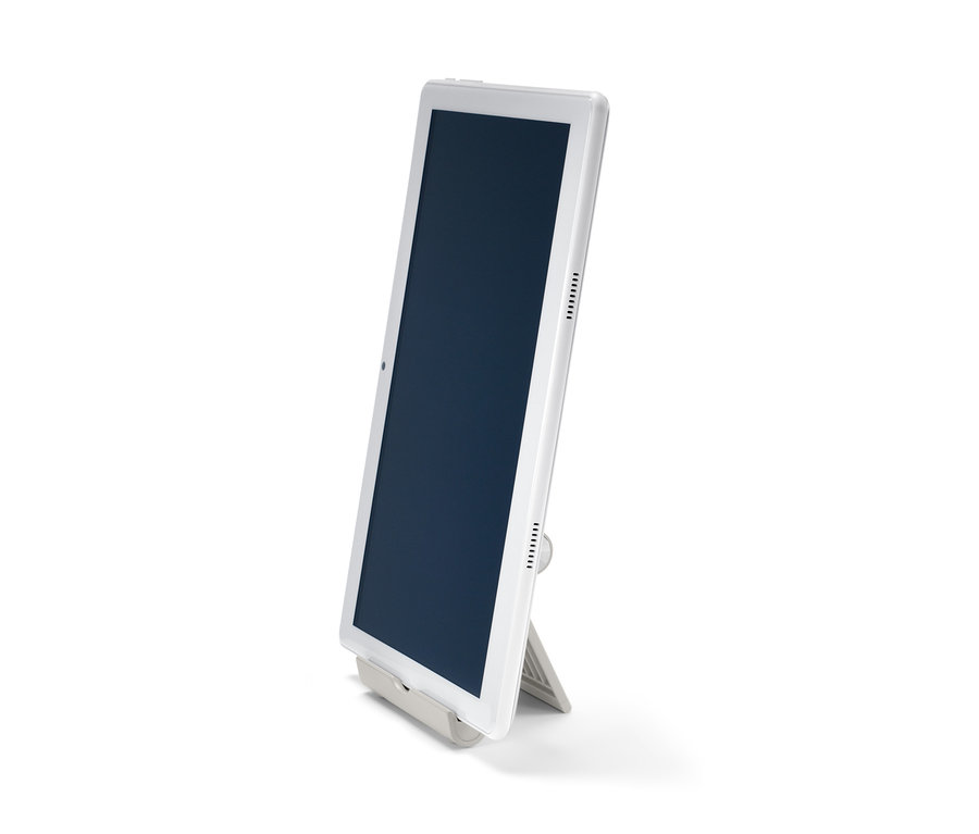 Sivý stojan na smartfón a tablet.