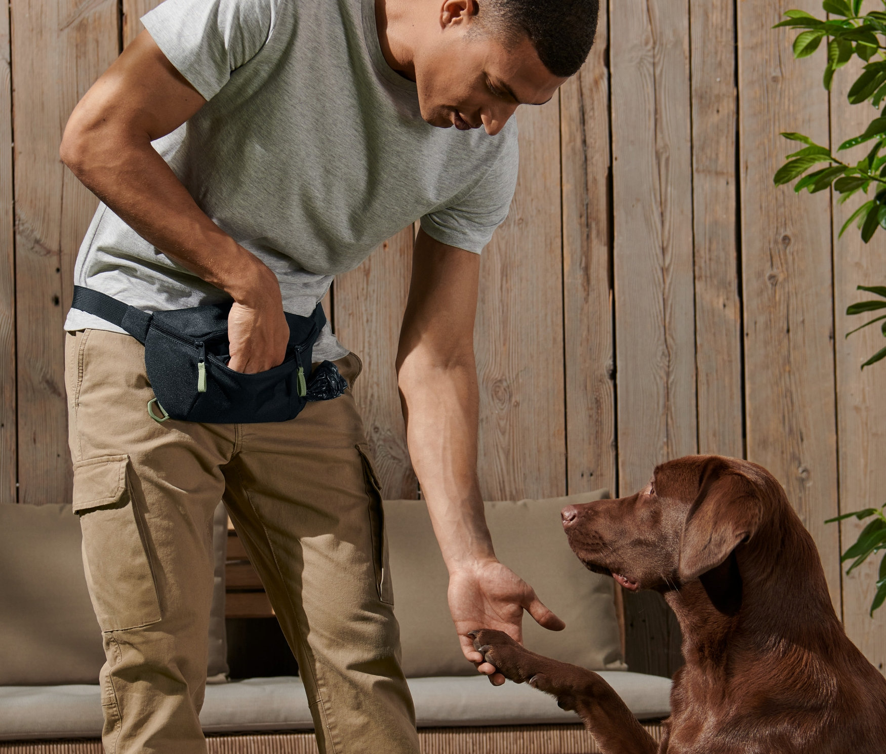 Muž dáva labku hnedému labradorovi; má na sebe taštičku pre psíčkarov.