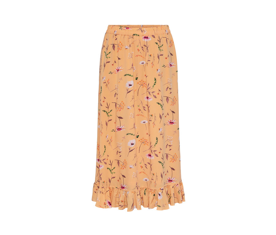 Oranžová sukňa s kvetinovou potlačou.