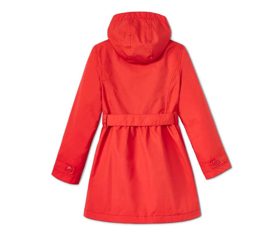 Červený trenčkot do každého počasia s opaskom a kapucňou.