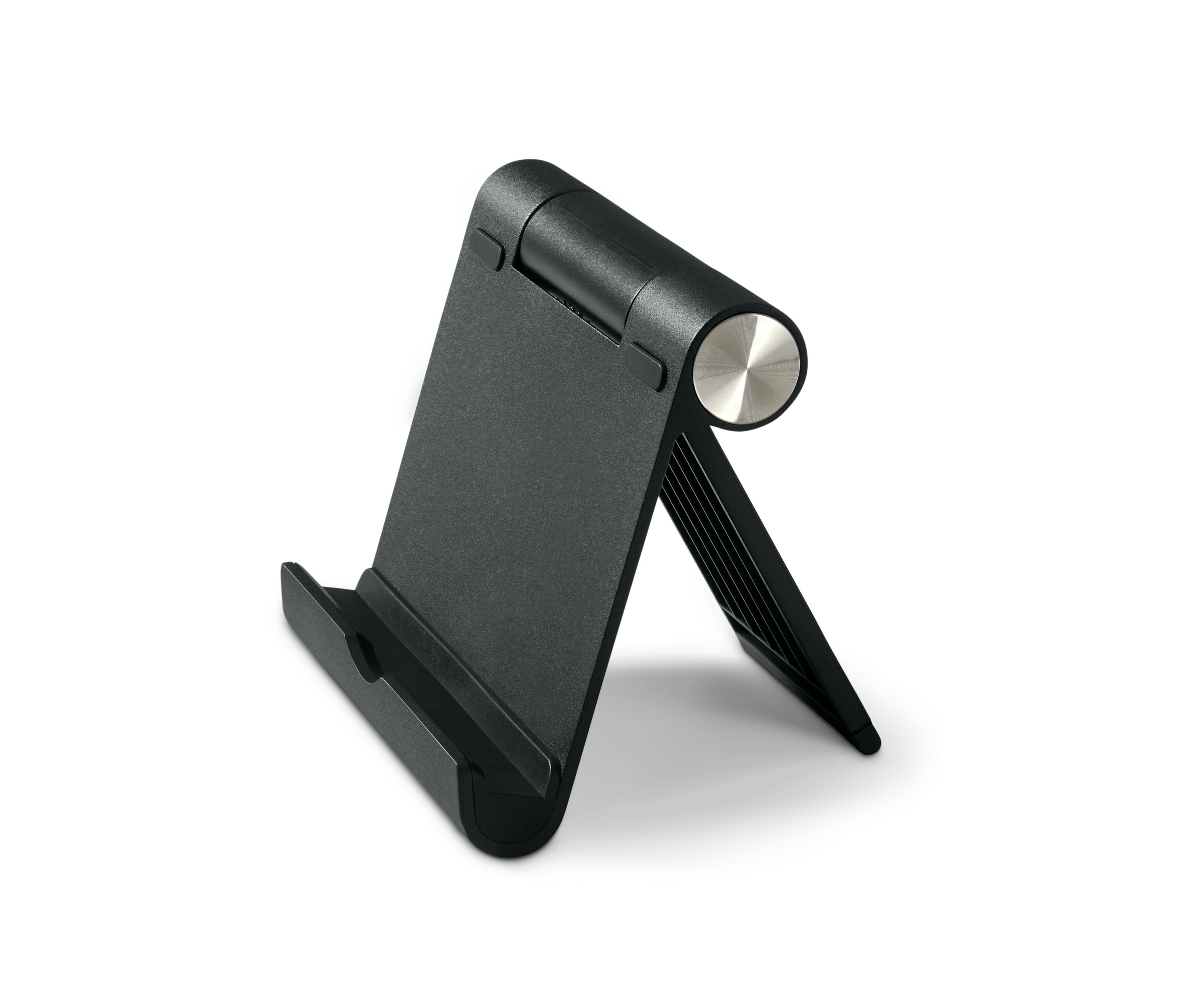 Čierny stojan na smartfón a tablet na bielom pozadí.