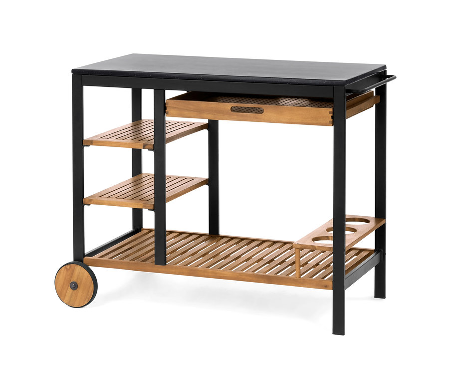 Grilovací vozík »Elin« so zásuvkou a betónovou pracovnou doskou, s drevenými policami a čiernym rámom.