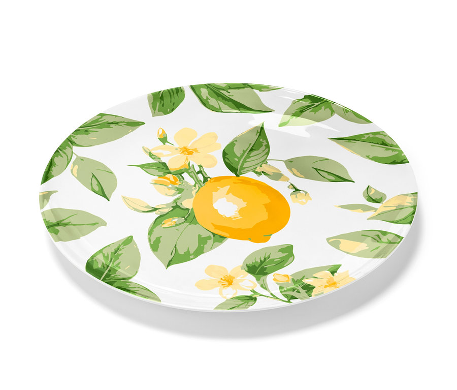 Servírovací tanier s motívom citrónu, kvetov a listov.