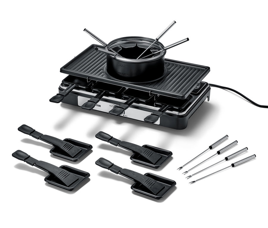 Čierny 2 v 1 raclette a fondue gril so štyrmi špachtľami a štyrmi fondue vidličkami.
