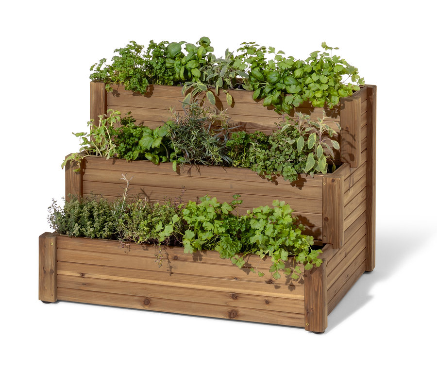 Trojúrovňový vyvýšený záhon »Tinus« s bylinkami.