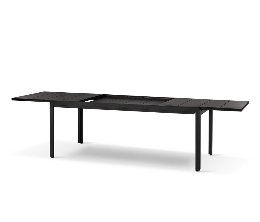 Čierny rozkladací stôl z robustnej dosky Duraboard je čiastočne rozložený.