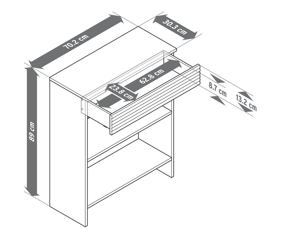 Obrázok konzolového stolíka so zásuvkou s vyznačenými rozmermi.