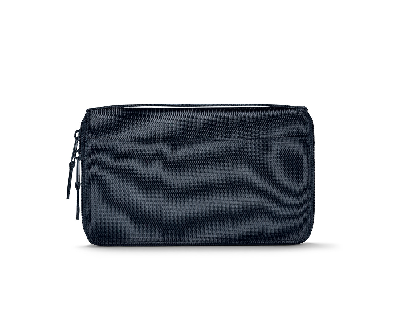 Tmavomodré puzdro na doklady so zipsom.