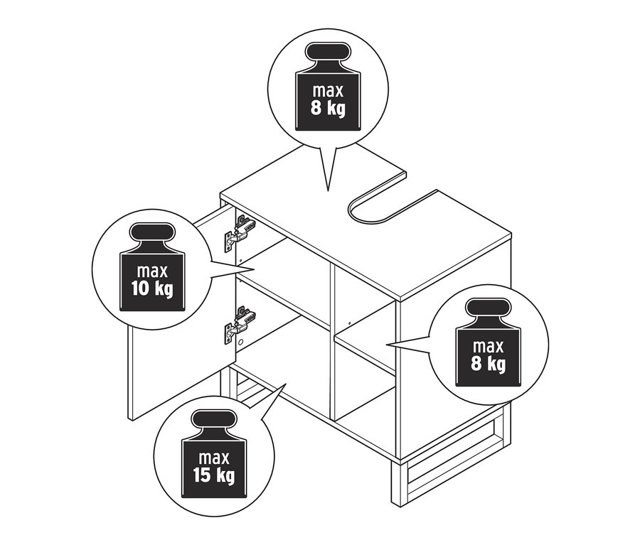 Nákres skrinky pod umývadlo s dvierkami a poličkou naboku, jedny dvierka sú otvorené a vnútri je polica.