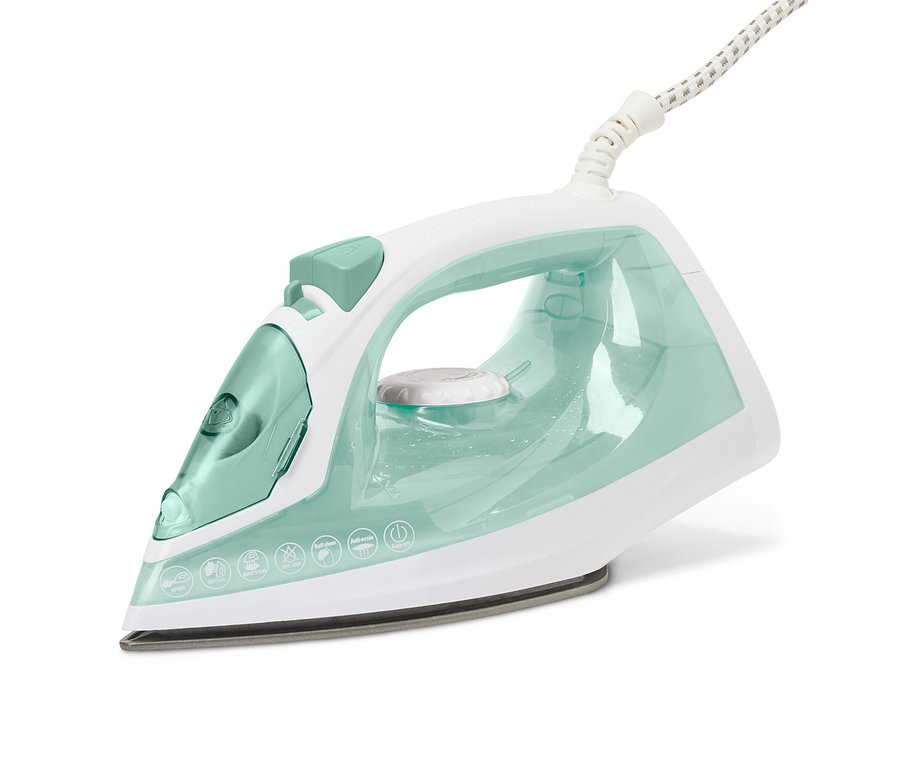 Biela a svetlozelená parná žehlička.