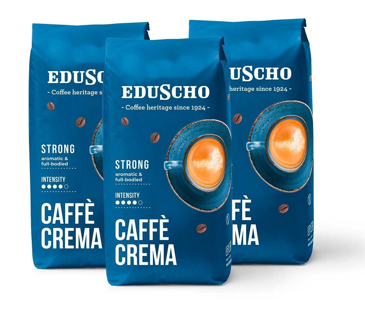 Tri balenia Eduscho Caffè Crema Strong zrnkovej kávy.