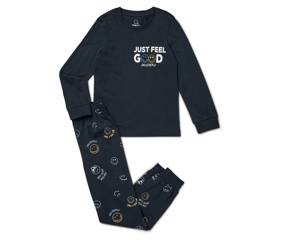 Tmavomodré pyžamo s dlhým rukávom a nohavicami s potlačou smajlíkov.