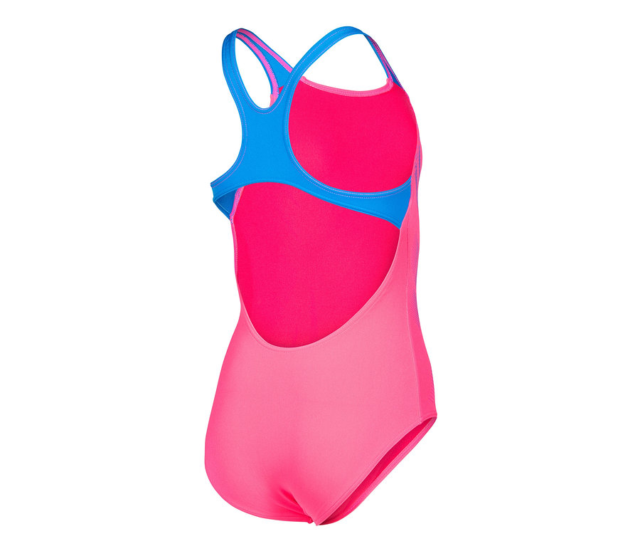 Detailný záber na detské plavky arena Performance Poseidonia Swim Pro Back, ružovej farby, zobrazené zozadu.