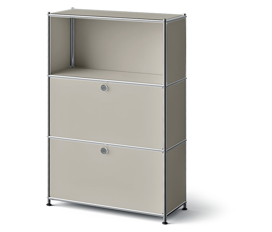 Béžová skrinka s dvoma zásuvkami a otvorenou hornou priehradkou.