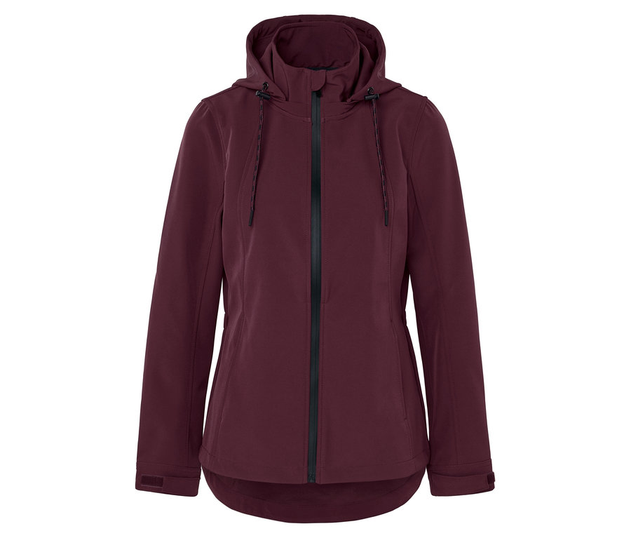 Vínová bunda s kapucňou a čiernym zipsom uprostred.