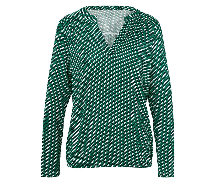 Dámska blúzka s dlhými rukávmi, zelená s bielym vzorom.