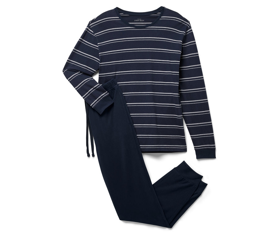 Modré pruhované pyžamo s dlhým rukávom a nohavicami.