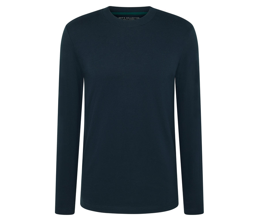 Tmavomodré tričko s dlhým rukávom na bielom pozadí.