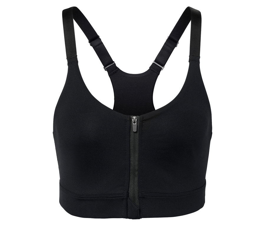 Čierna športová podprsenka so zipsom v strede.