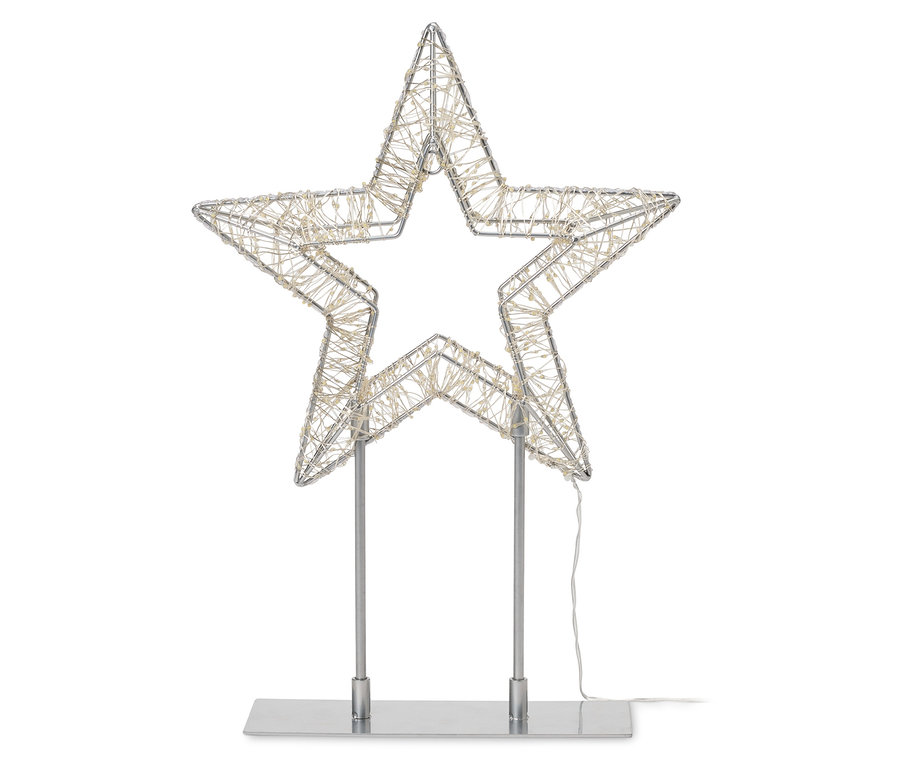 Strieborná drôtená hviezda s LED svetielkami na striebornom podstavci.