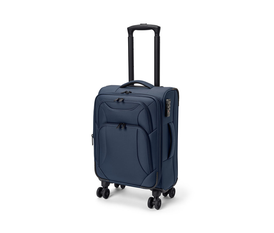 Modrý textilný kufor, malý, s čiernou teleskopickou rukoväťou a kolieskami.