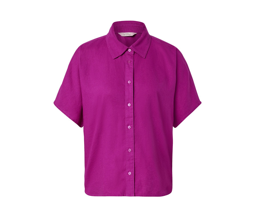 Fuchsiová ľanová blúzka s krátkymi rukávmi a gombíkmi.