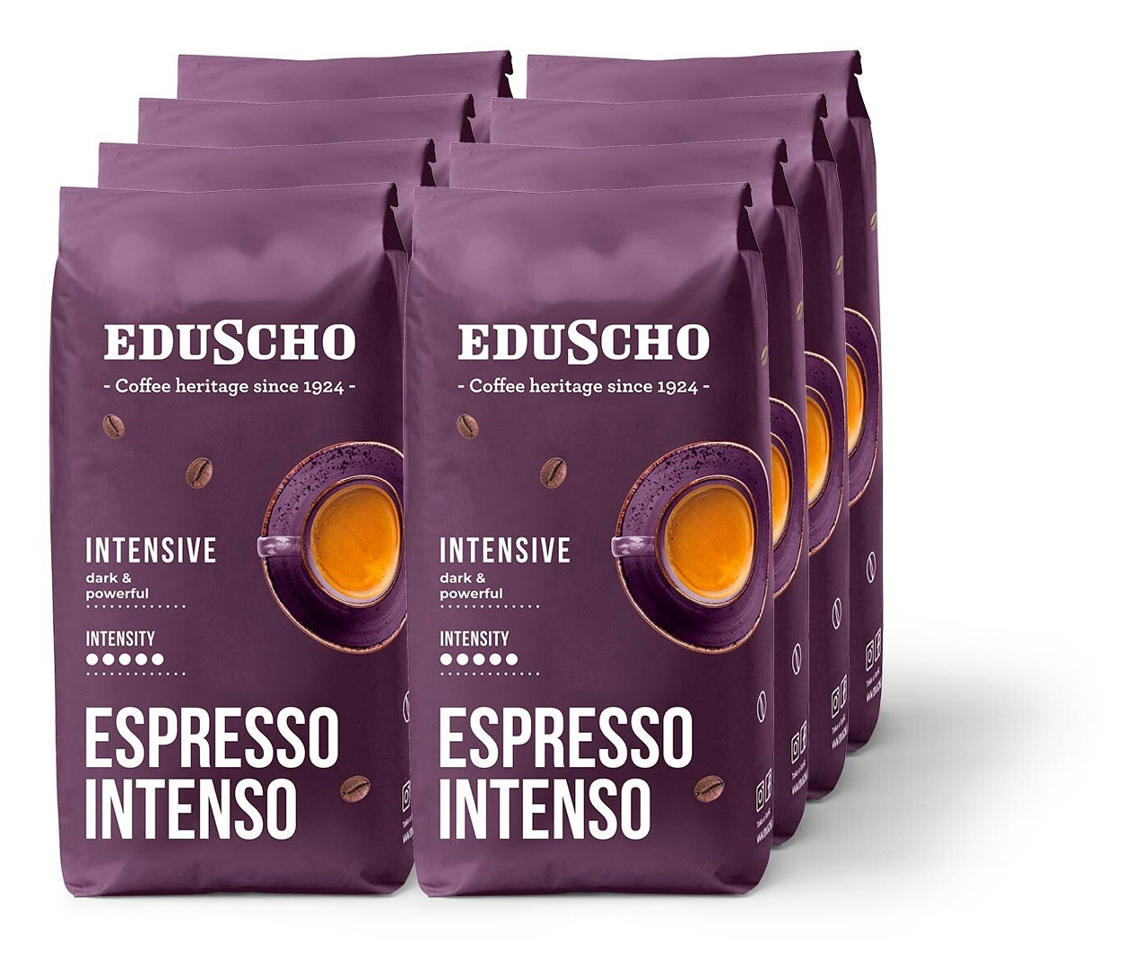 Osem balení zrnkovej kávy Eduscho Espresso Intenso po 1 kg.